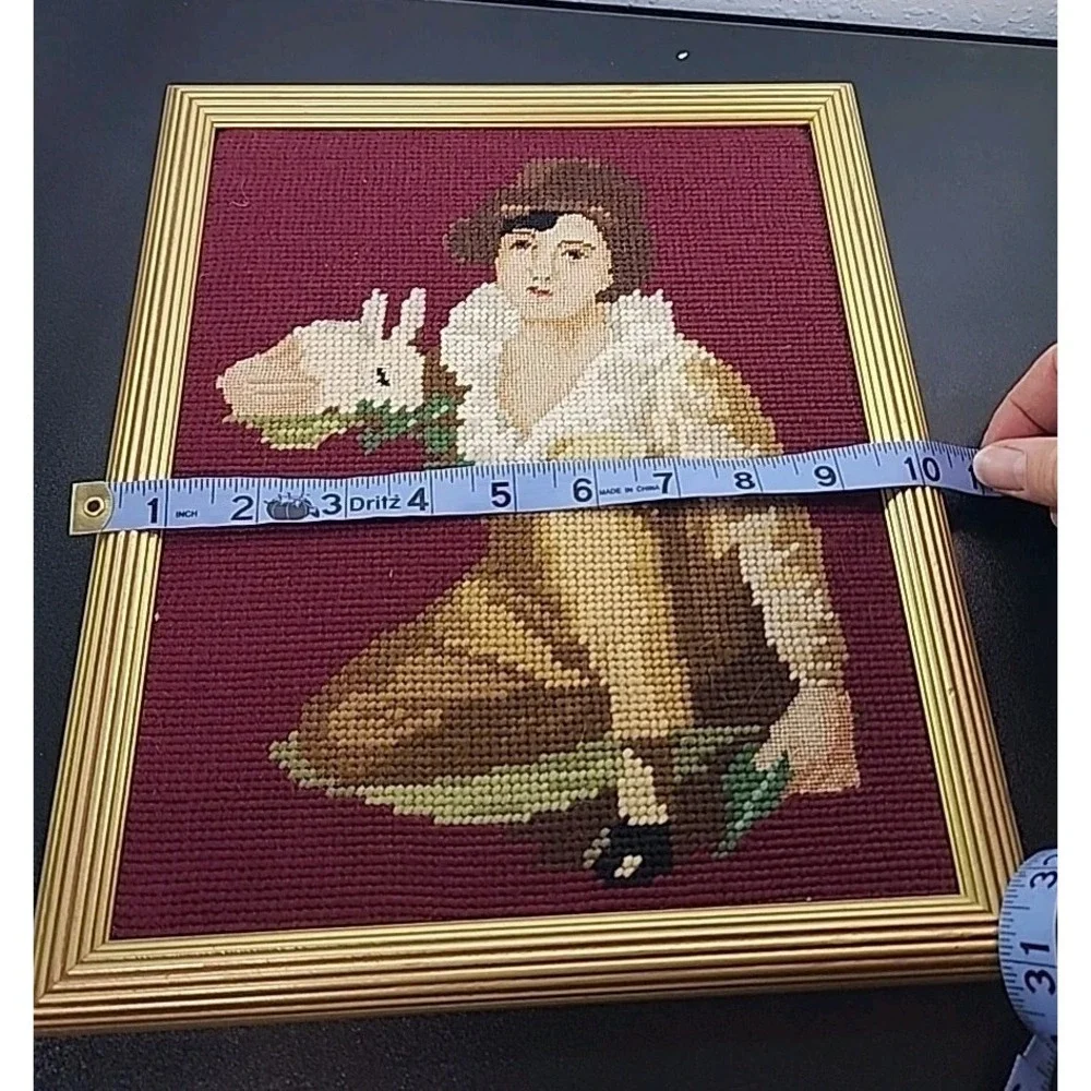 Vtg Antique Needle Point Tapestry Woman Holding A Bunny 10 x 12 Gold Frame 1950s